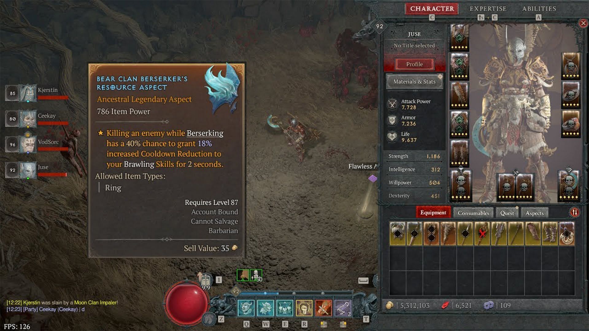 Bear Clan Berserker's Aspect in Diablo 4 (Image via Blizzard Entertainment)